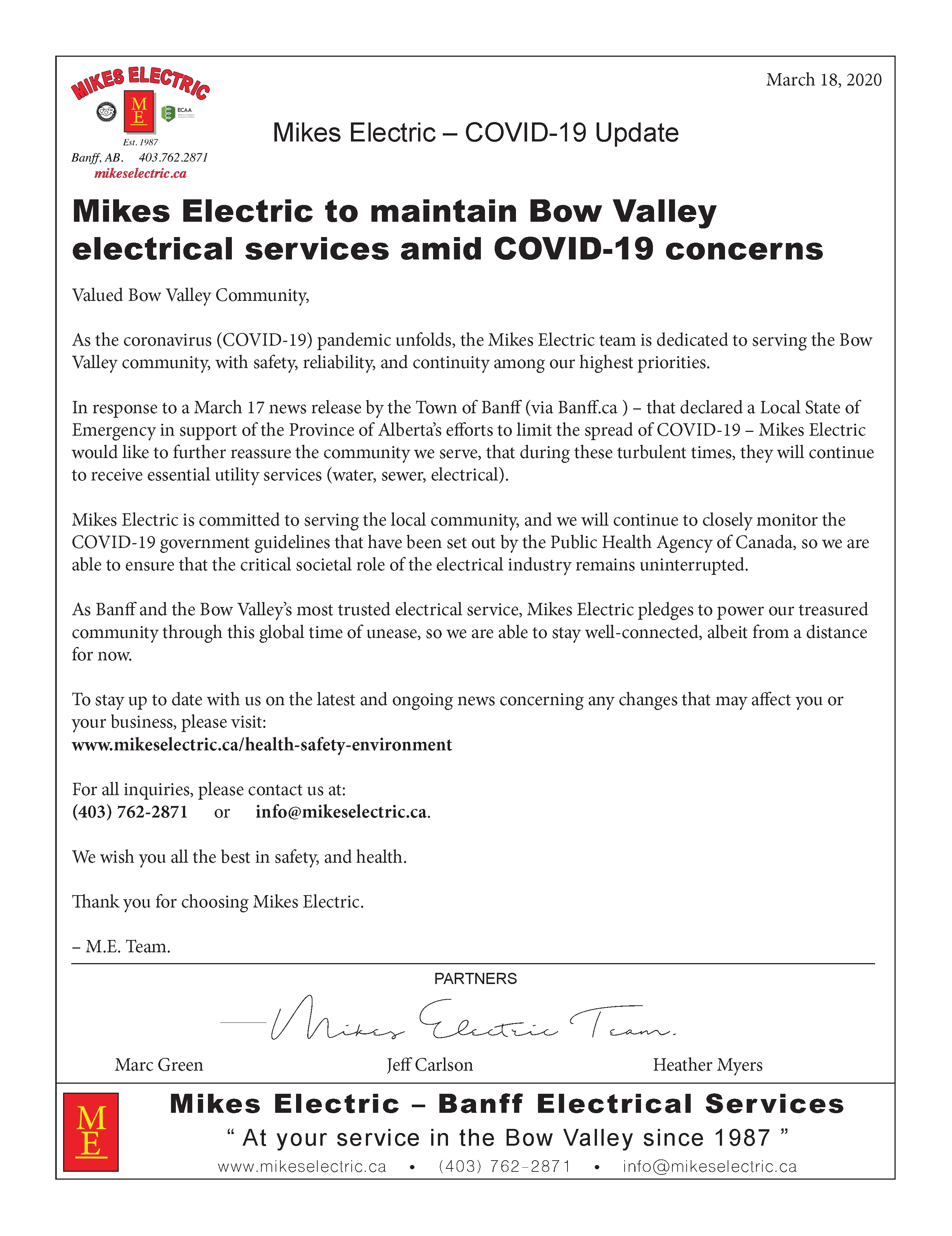 Banff Mikes Electric Coronavirus COVID-19 Update